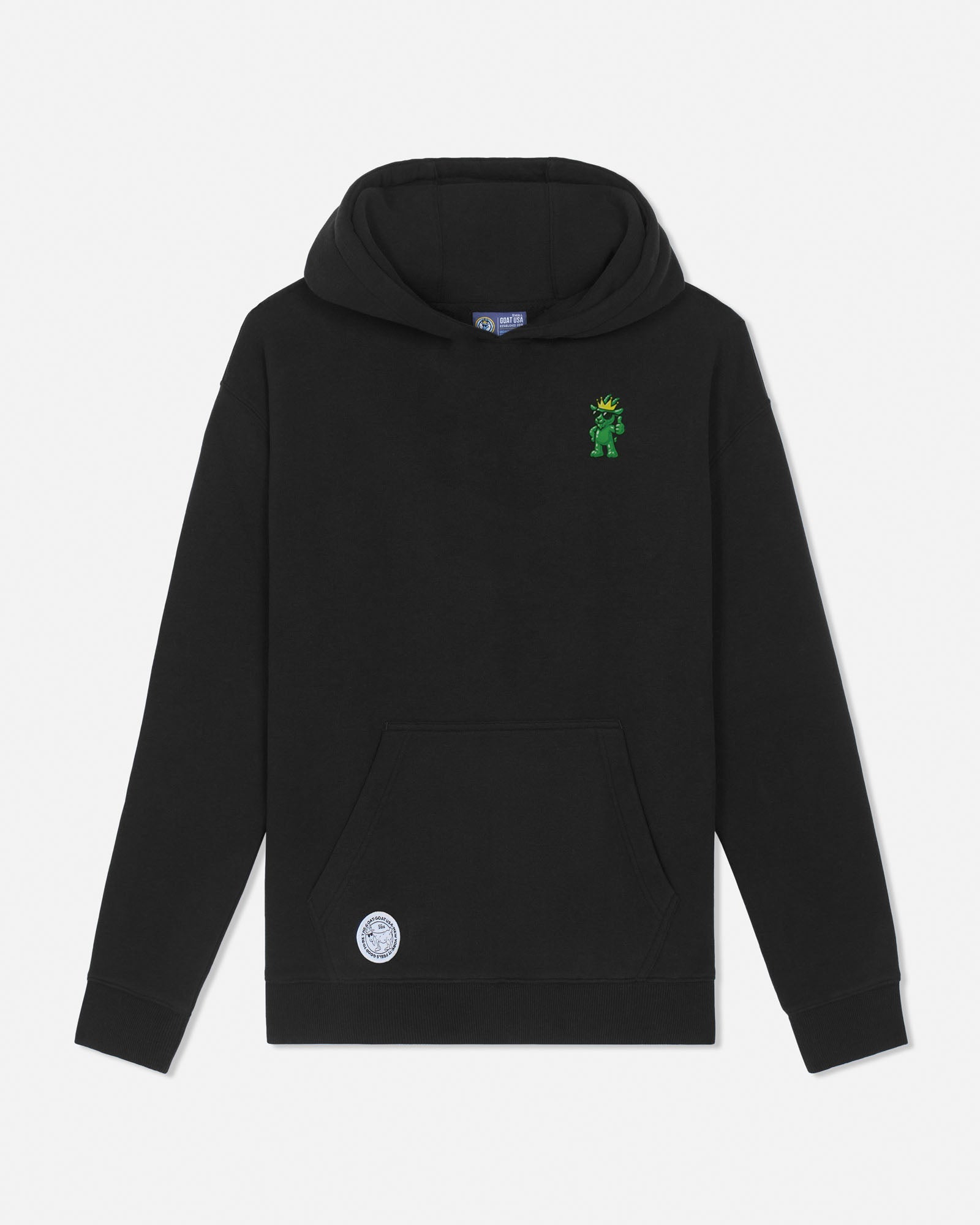 A black pullover hoodie with a small green character graphic on the left chest and a circular silver patch on the lower front pocket, displayed against a light gray background.