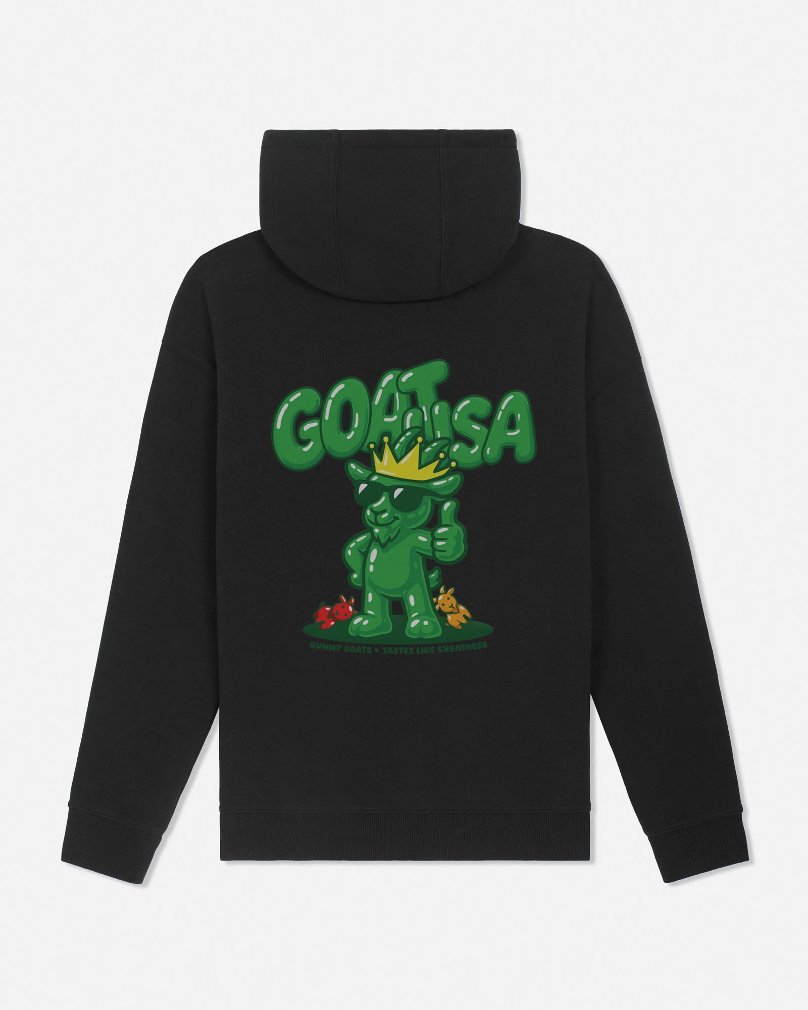 A black pullover hoodie shown from the back, featuring a large green graphic of a cartoon character wearing a gold crown and the word 'GOAT USA' in bold green letters above it.