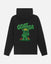 A black pullover hoodie shown from the back, featuring a large green graphic of a cartoon character wearing a gold crown and the word 'GOAT USA' in bold green letters above it.