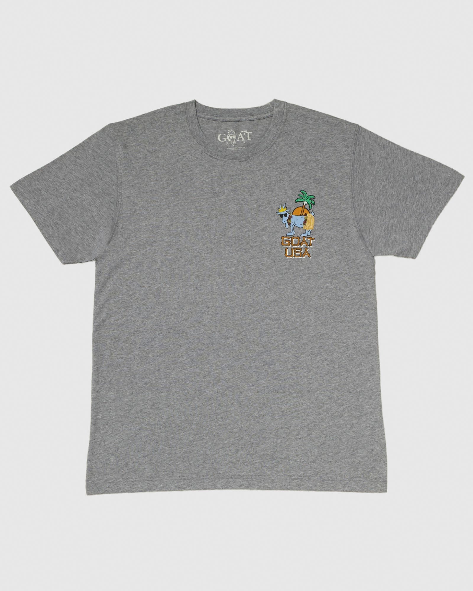 Front of gray t-shirt with Chuck the GOAT wearing Hawaiian attire left-chest logo