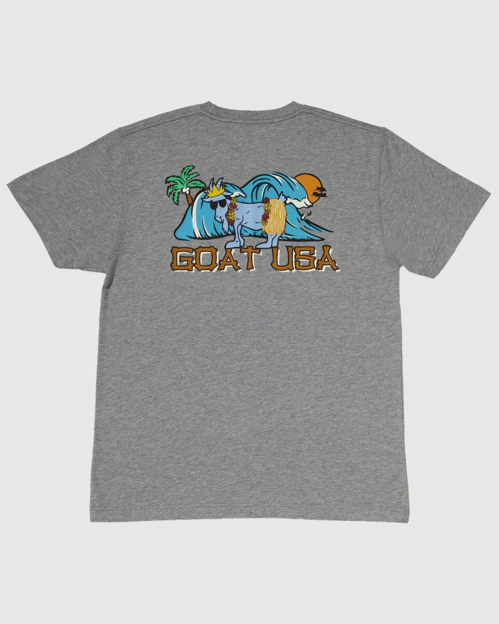 Back of gray t-shirt with Chuck the GOAT in a tropical setting wearing Hawaiian attire