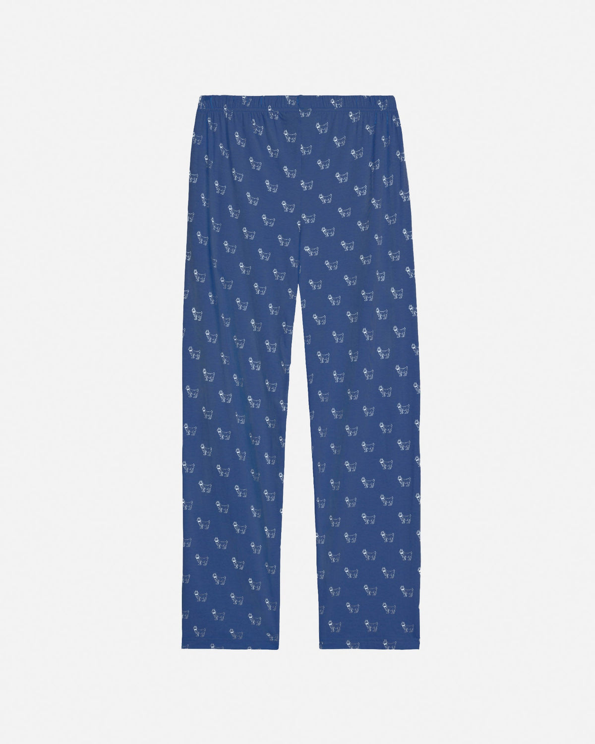 Blue pajama pants with a subtle pattern on a white background