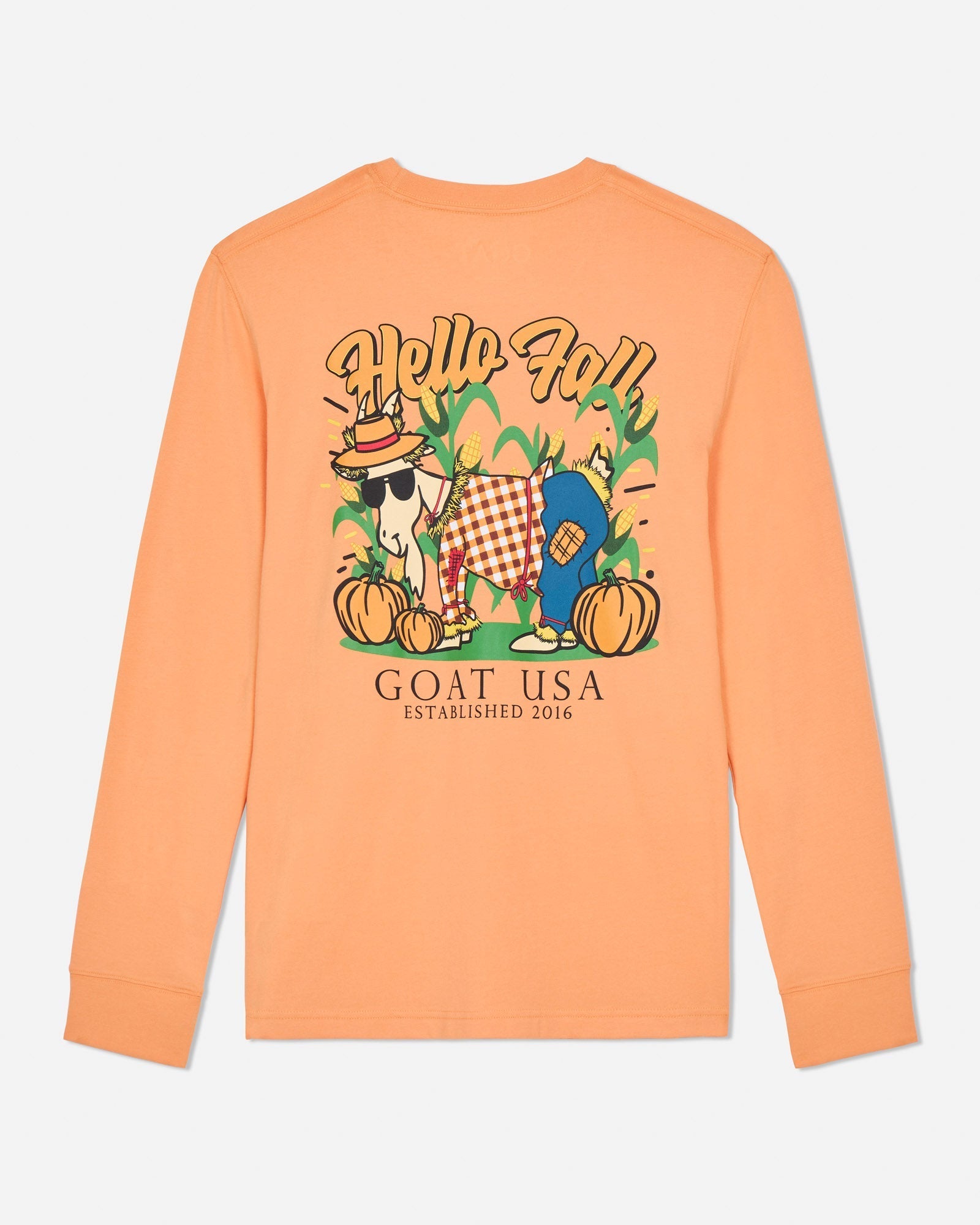 Orange long-sleeve shirt with a graphic of a scarecrow goat and pumpkins and 'Hello Fall' text on a light graybackground.