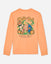 Orange long-sleeve shirt with a graphic of a scarecrow goat and pumpkins and 'Hello Fall' text on a light graybackground.