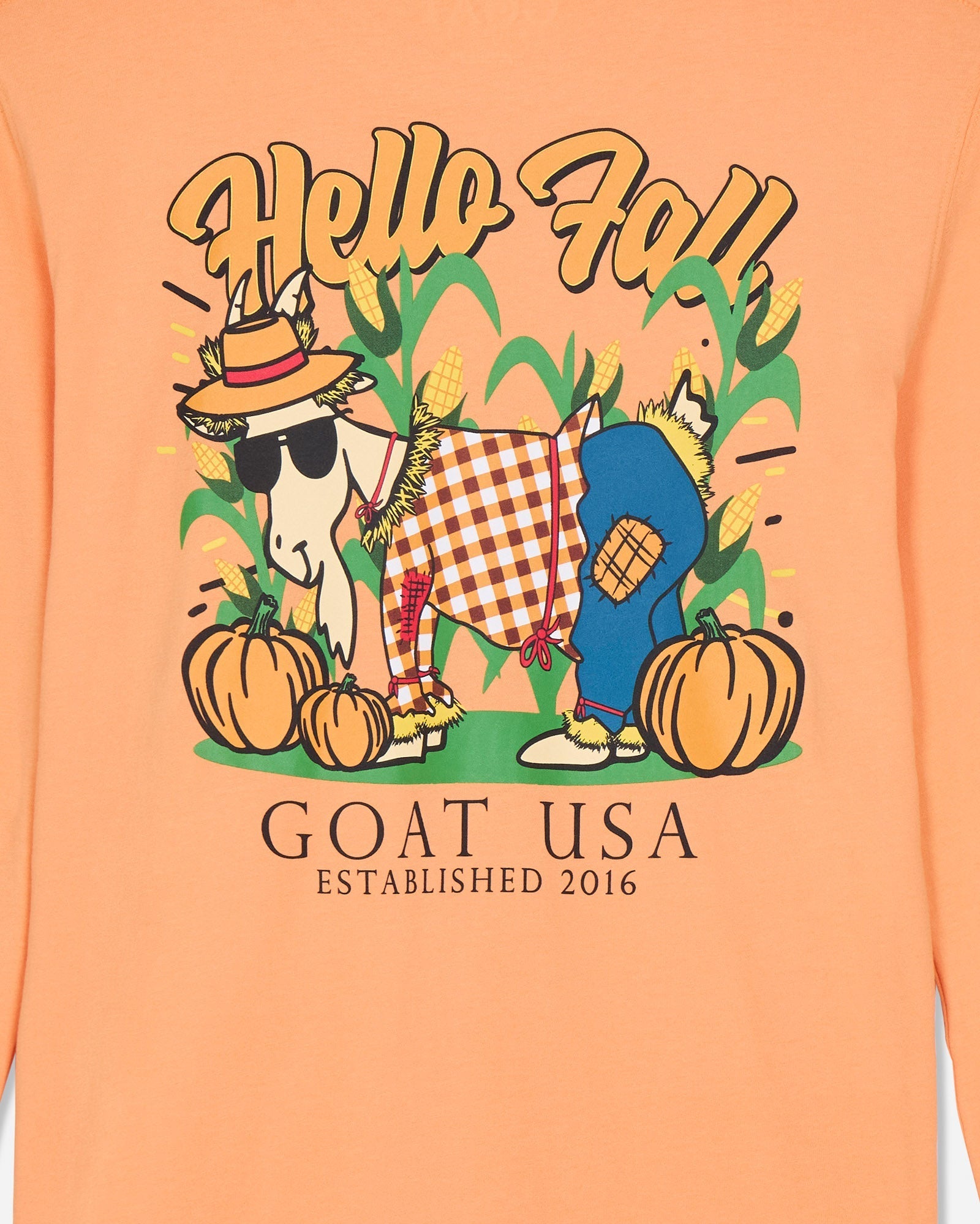 Orange sweatshirt with 'Hello Fall' and cartoon goat design, featuring the brand 'GOAT USA'.