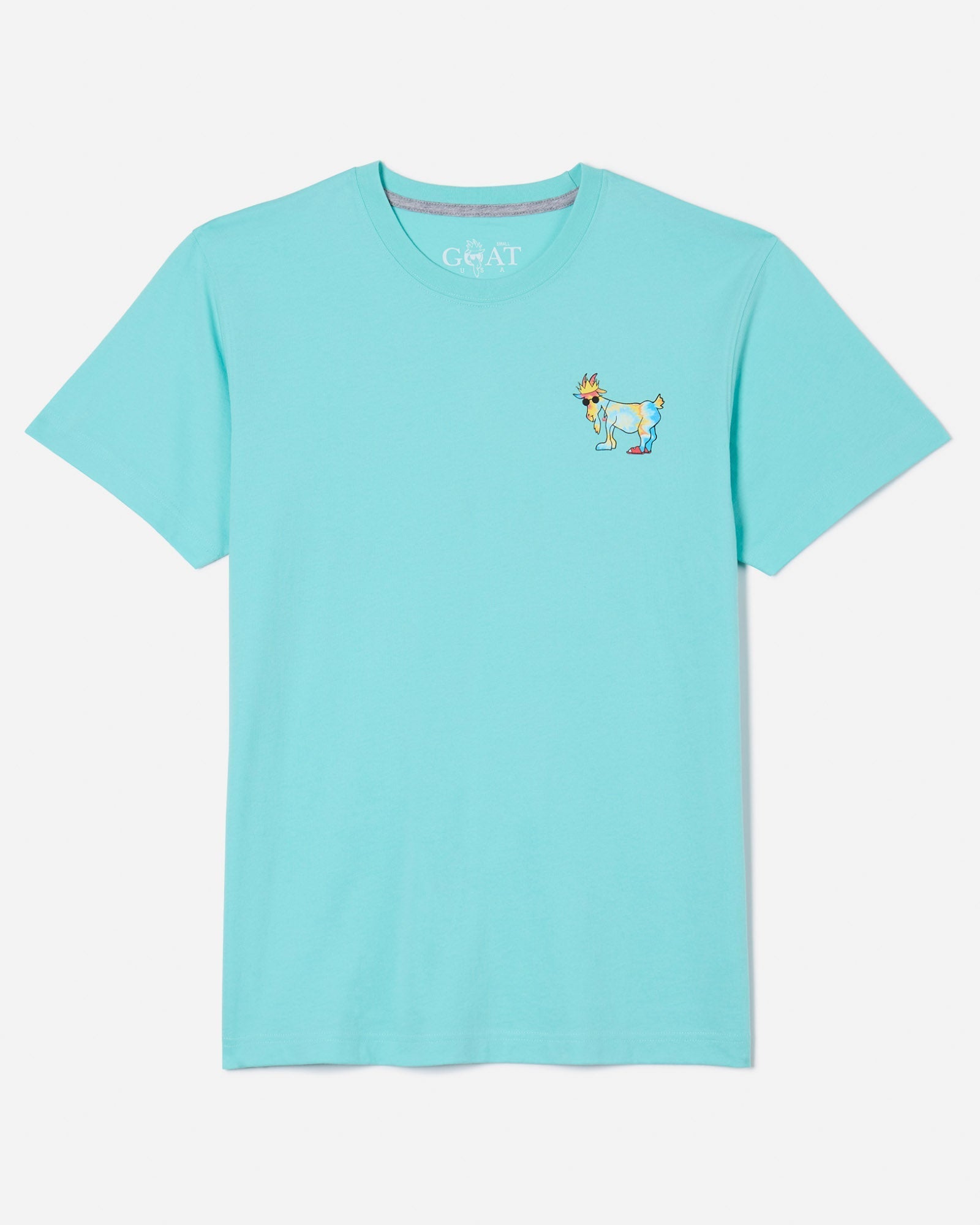 Front of aqua sky t-shirt with hippie goat left-chest logo