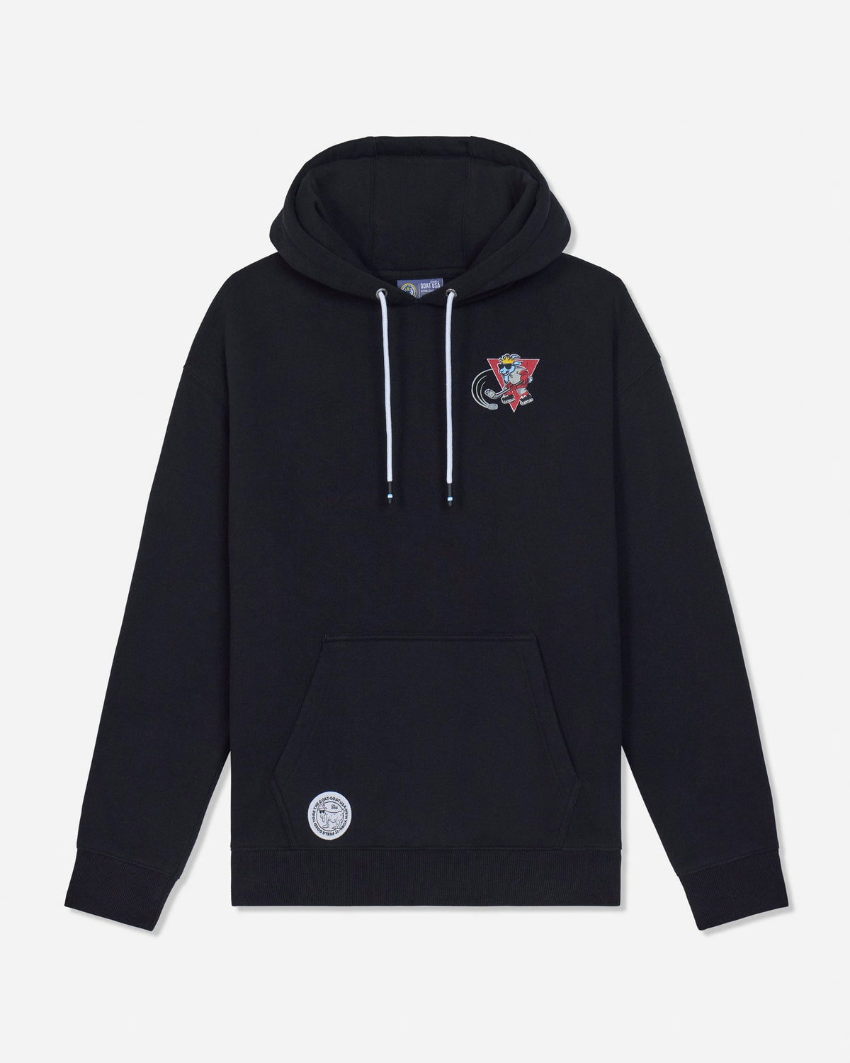 A black pullover hoodie with white drawstrings, featuring a small red and black graphic on the left chest and a circular white patch on the front pocket, displayed against a light gray background.
