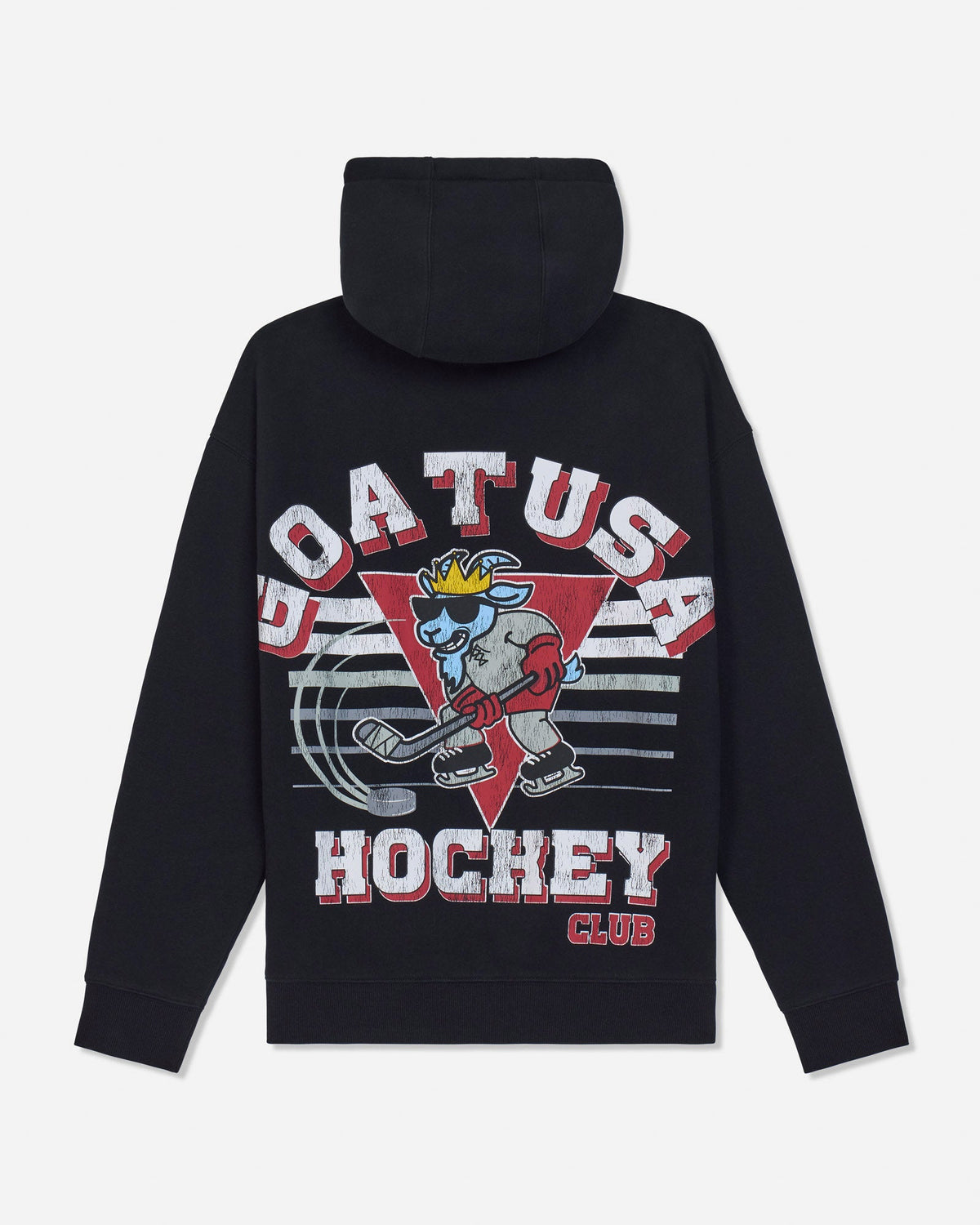 Black pullover hoodie shown from the back, featuring a large graphic print with the text 'GOAT USA HOCKEY CLUB' and a cartoon blue-gray goat mascot inside a red triangle.