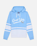 A light blue and white hooded sweatshirt with 'GOAT USA' printed in white script across the chest, featuring a small cow graphic and horizontal white stripes on the sleeves.