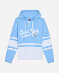 A light blue and white long-sleeve hoodie with 'Goat USA' printed in white script across the chest, featuring white drawstrings and horizontal white stripes on the sleeves.