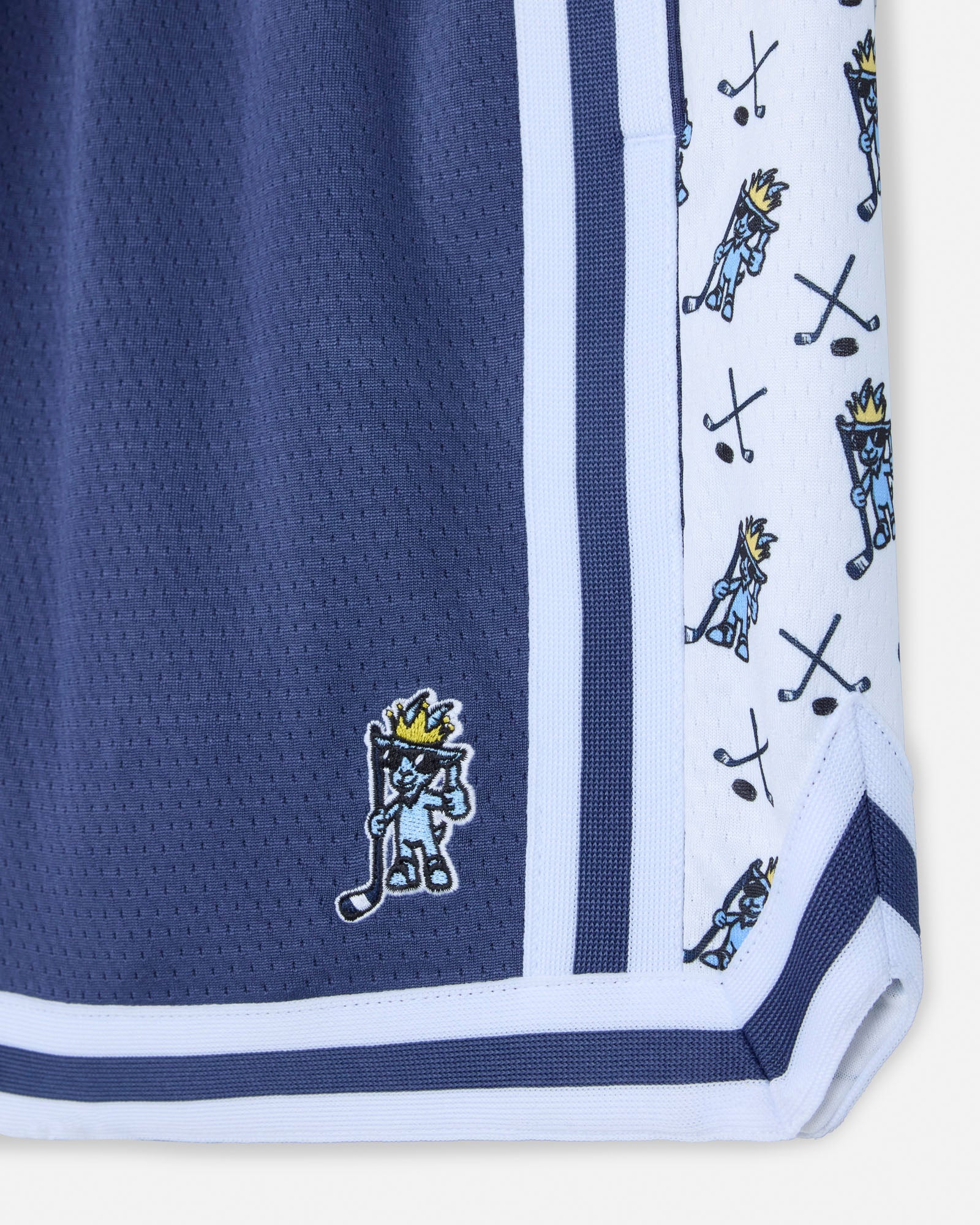 Navy blue mesh shorts with logo and pattern.