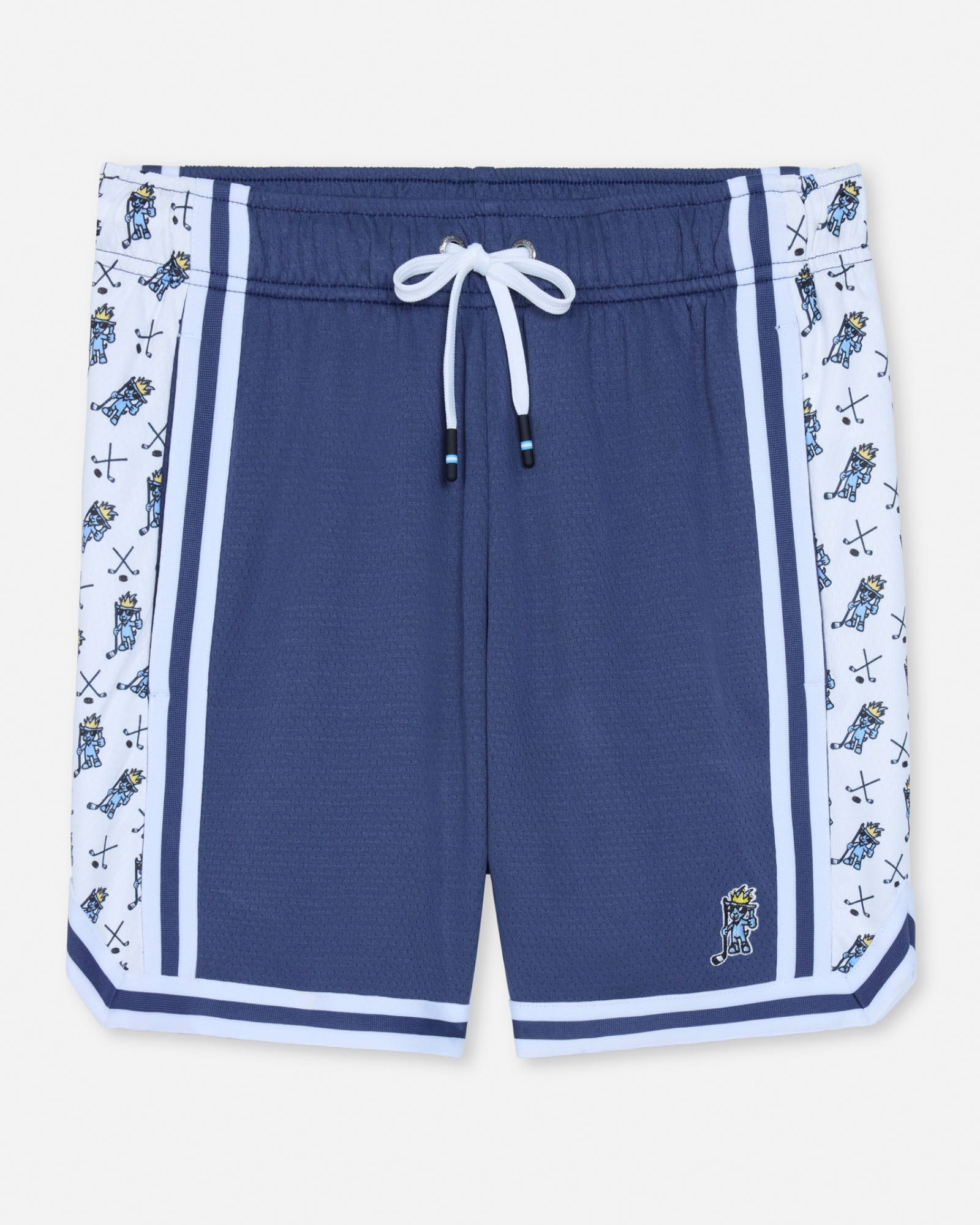 Front of navy mesh shorts with hockey goat design