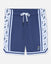 Front of navy mesh shorts with hockey goat design