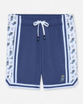 Front of navy mesh shorts with hockey goat design