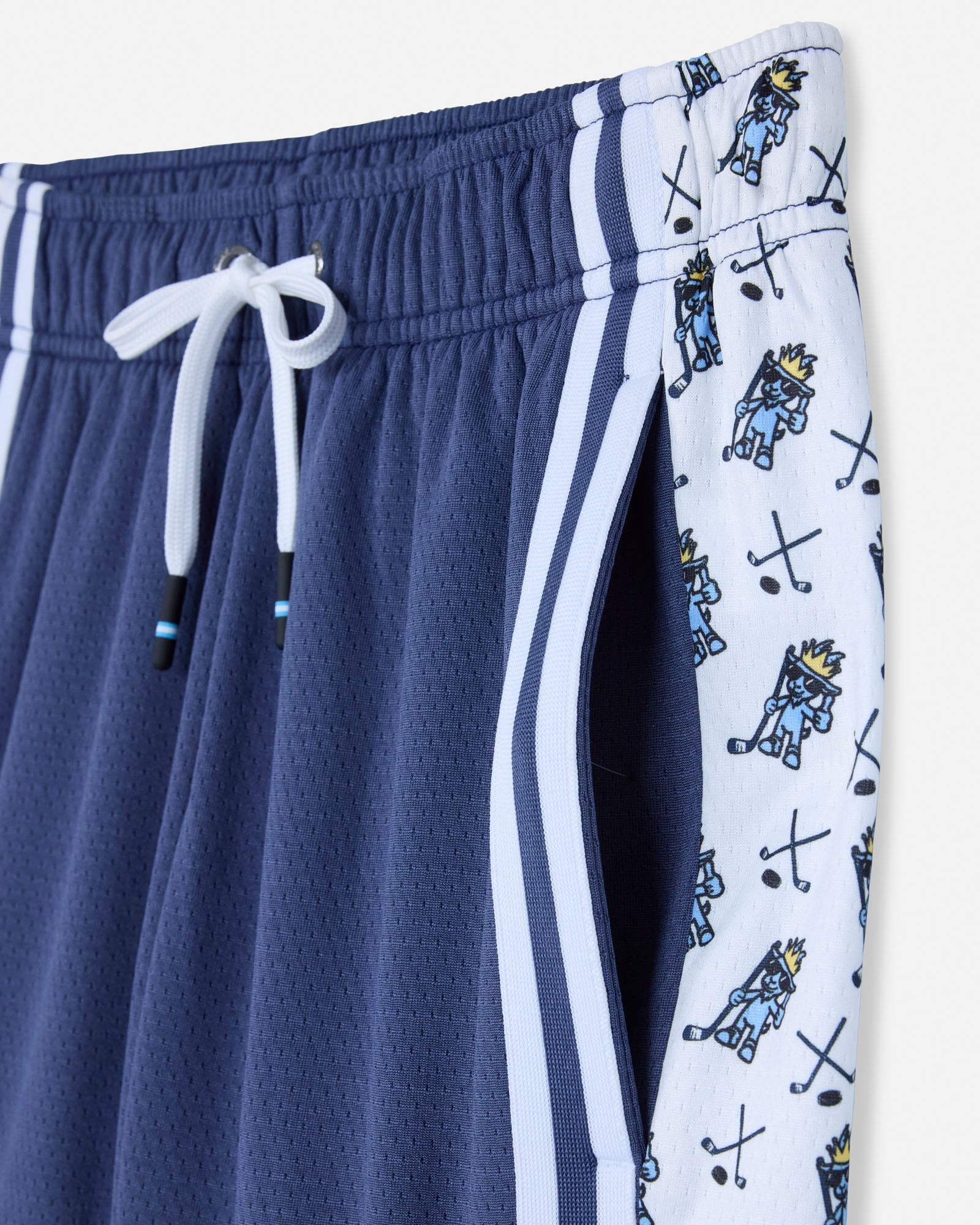 Navy blue shorts with a patterned side strip on a white background