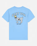 Light blue t-shirt with a graphic of a goat and 'GOAT USA' text on a white background