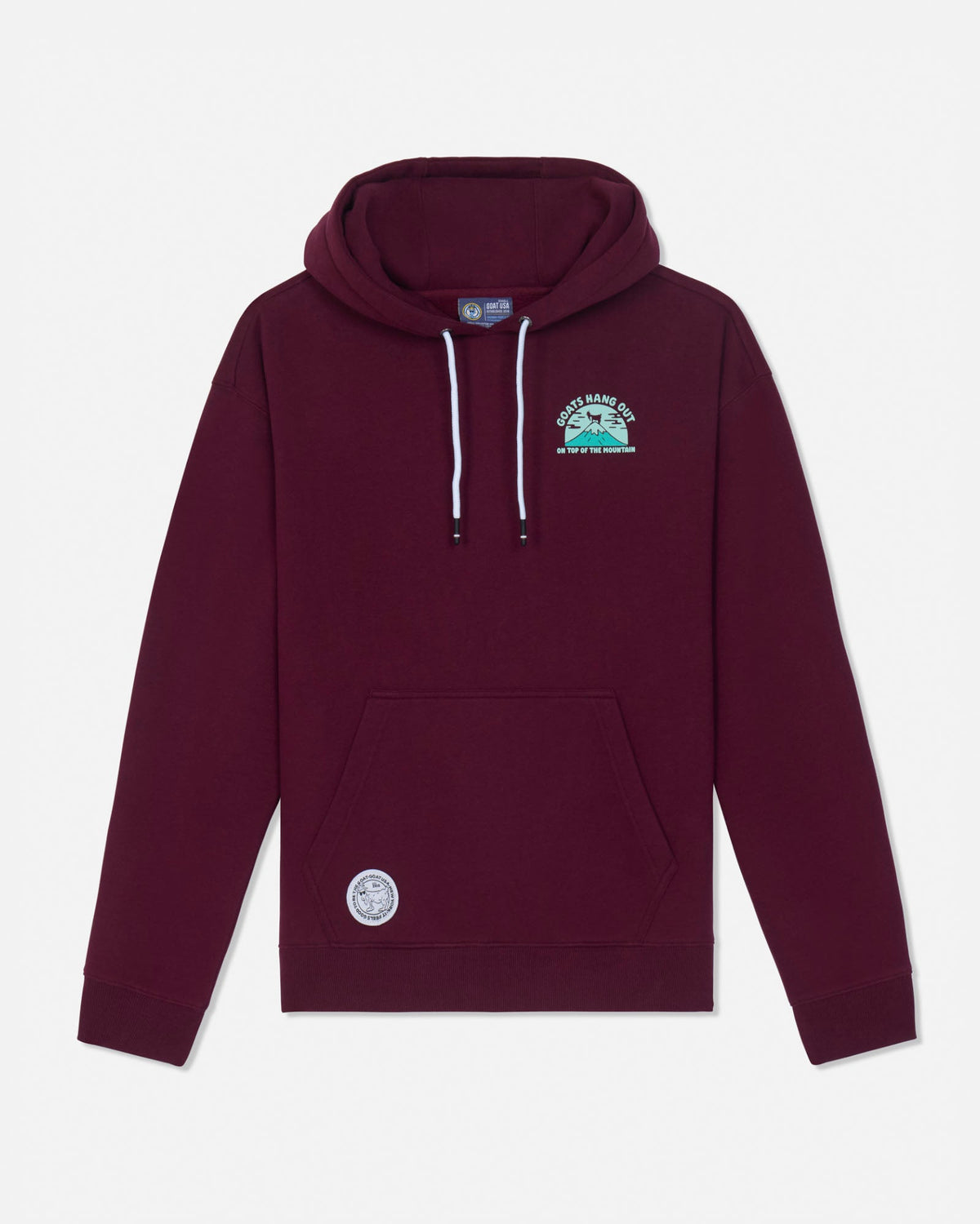 A maroon pullover hoodie with white drawstrings, featuring a small green and blue graphic on the left chest and a circular patch on the lower left front pocket, displayed against a light gray background.