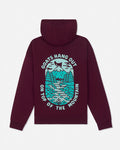A maroon pullover hoodie shown from the back, featuring a large graphic print of a mountain scene in teal and white with the text 'GOATS HANG OUT ON TOP OF THE MOUNTAIN'.