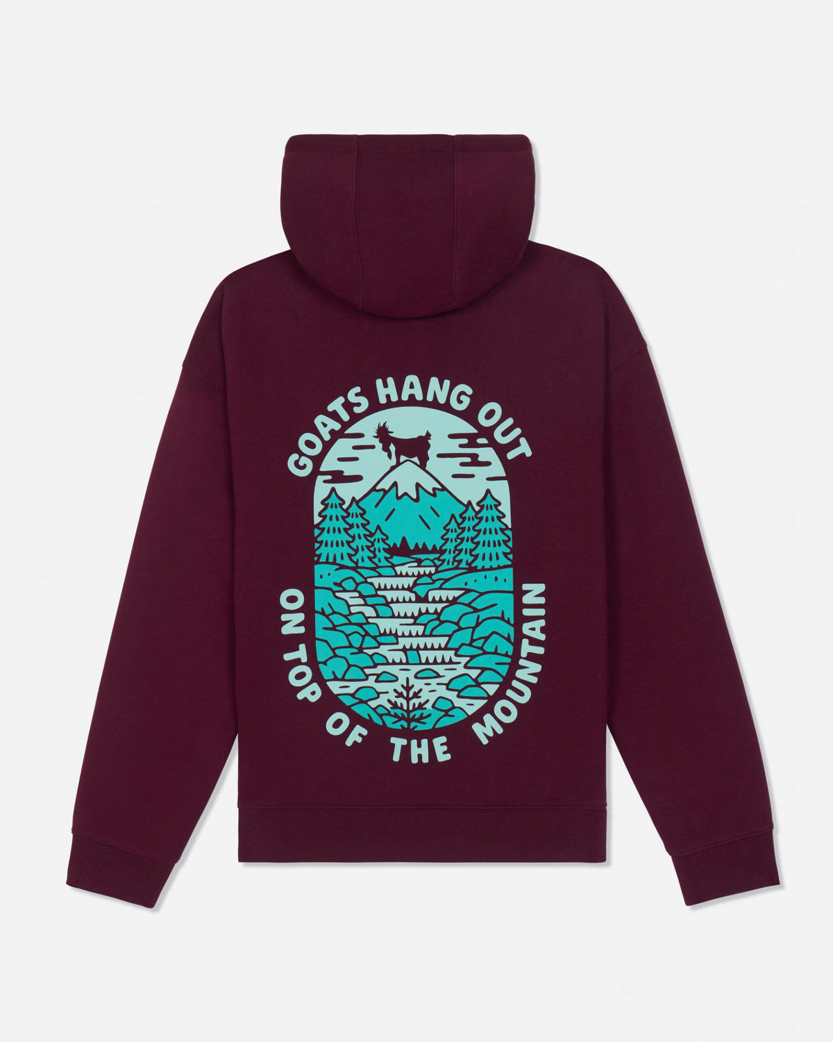 A maroon pullover hoodie shown from the back, featuring a large graphic print of a mountain scene in teal and white with the text 'GOATS HANG OUT ON TOP OF THE MOUNTAIN'.