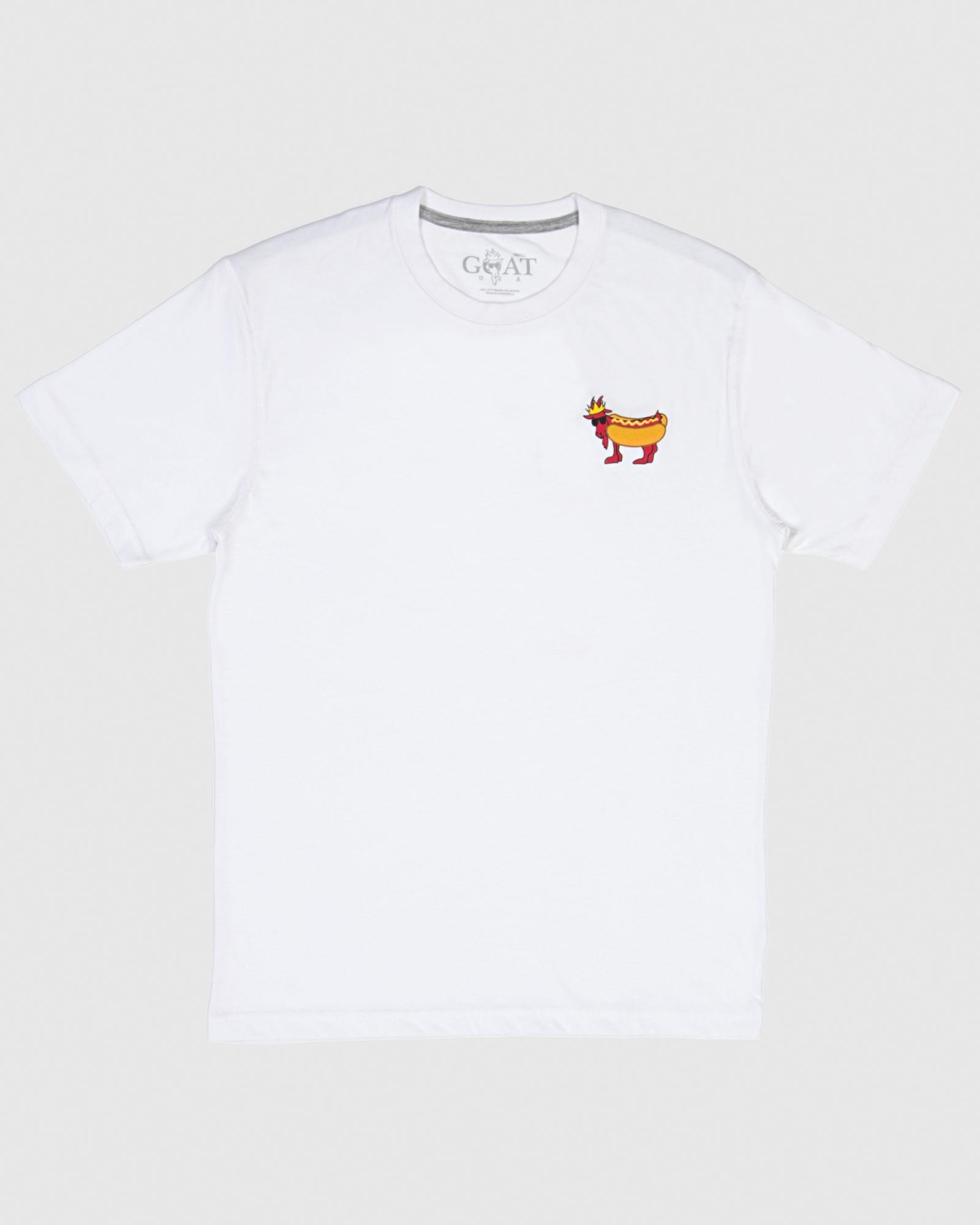 White t-shirt with hot dog goat design#color_white