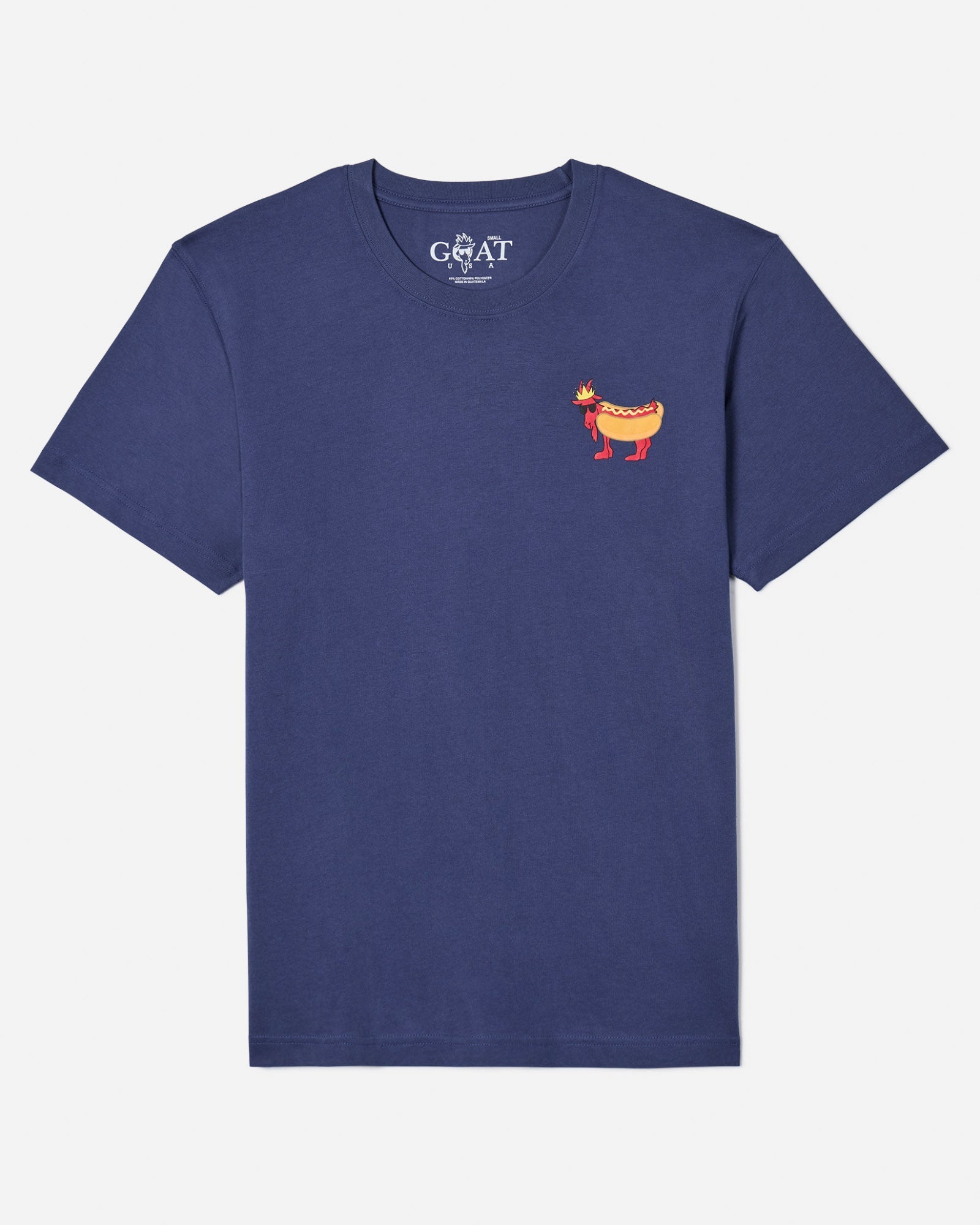 Navy t-shirt with hot dog goat left-chest logo#color_navy