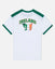 White t-shirt with green accents featuring 'Ireland' text and goat graphic on a white background