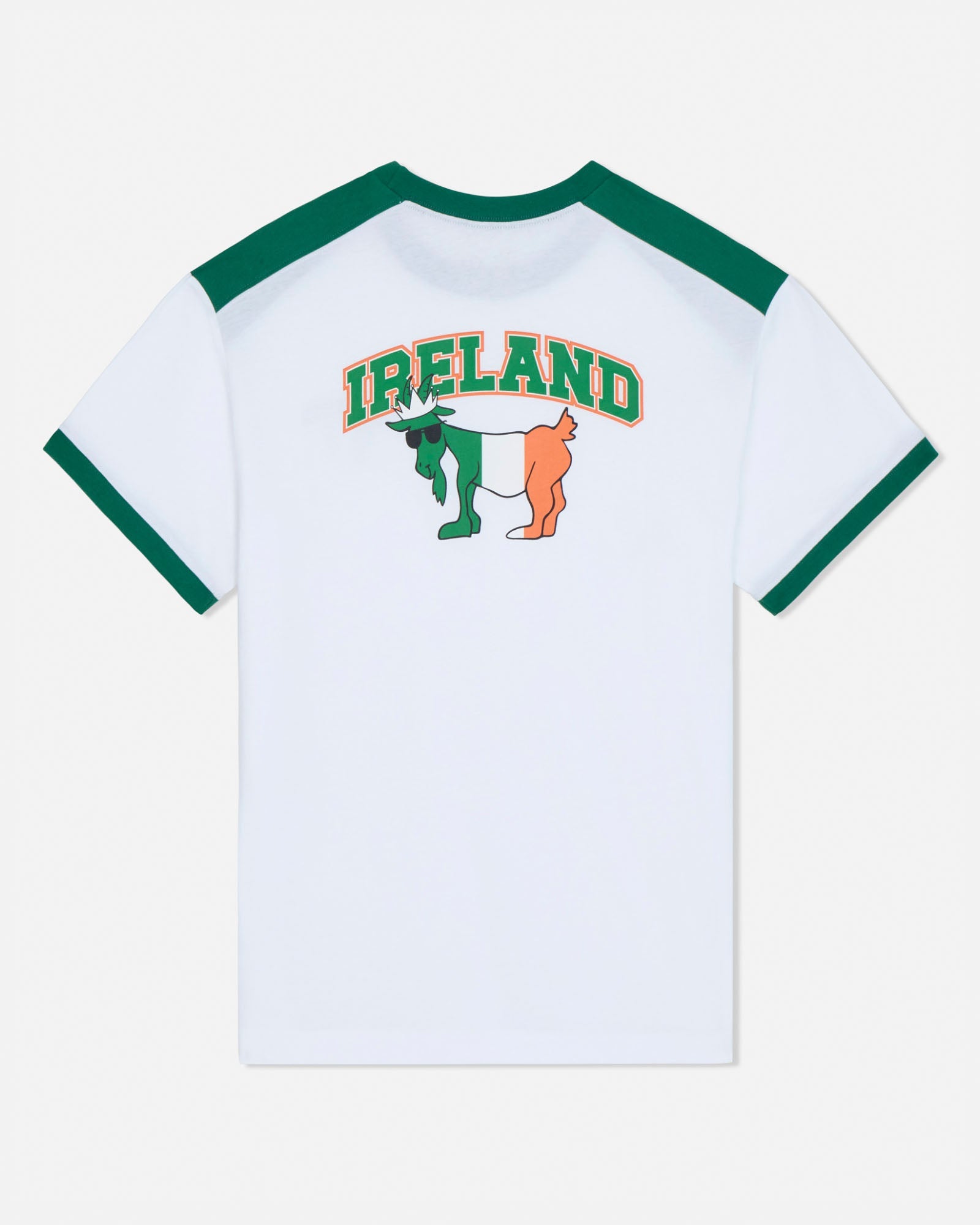 White t-shirt with green accents featuring 'Ireland' text and goat graphic on a white background