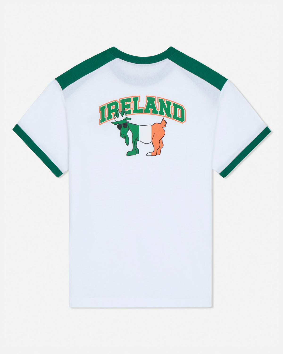 White t-shirt with green accents featuring 'Ireland' text and goat graphic on a white background