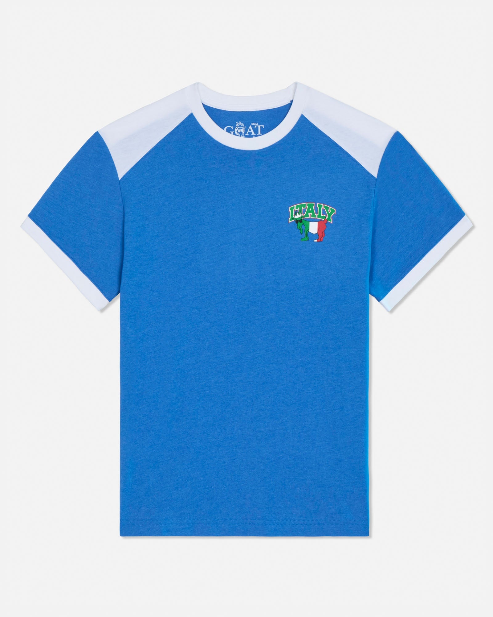 Blue t-shirt with white sleeves and a logo on a white background