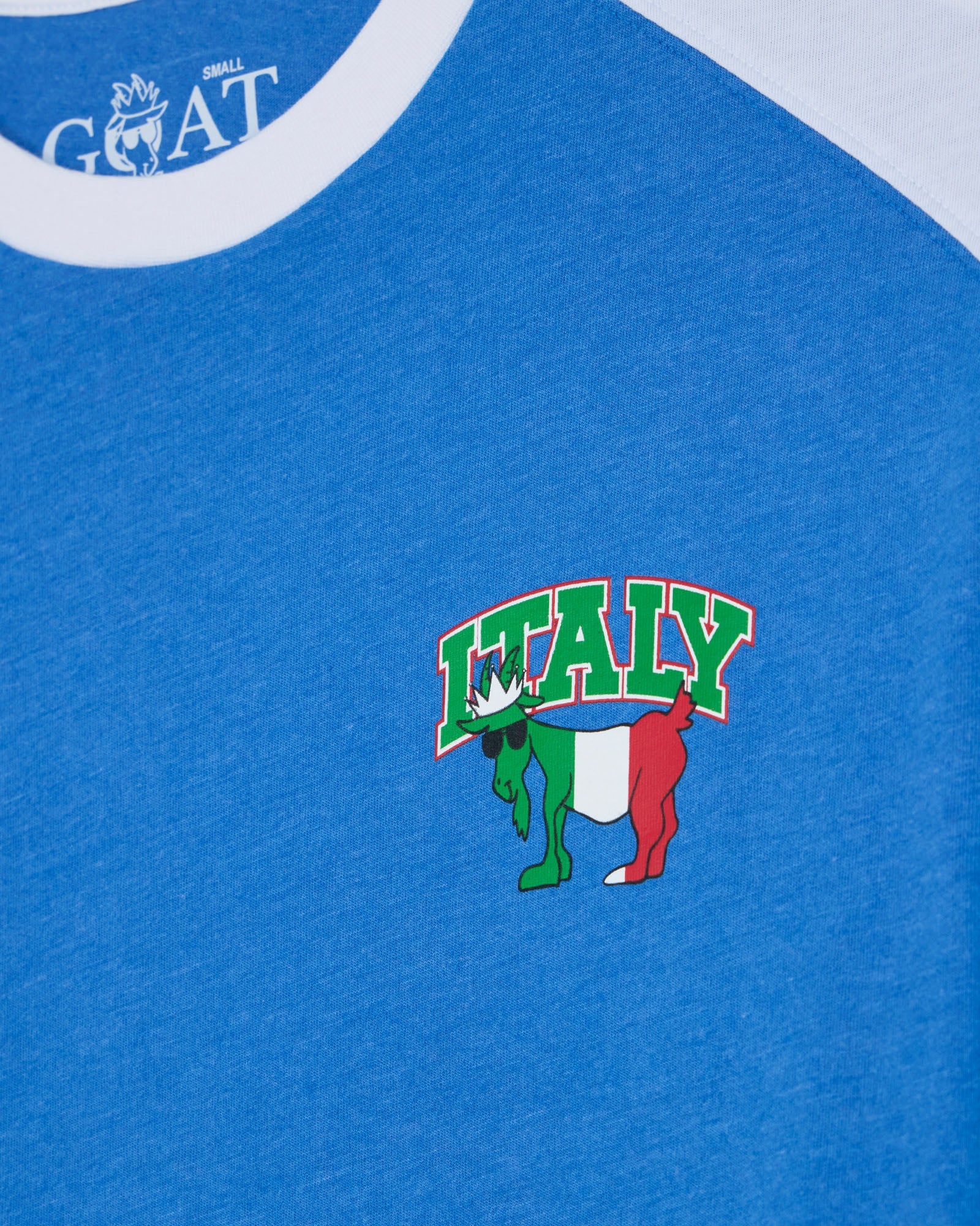 Blue shirt with 'ITALY' featuring Italian flag goat logo.