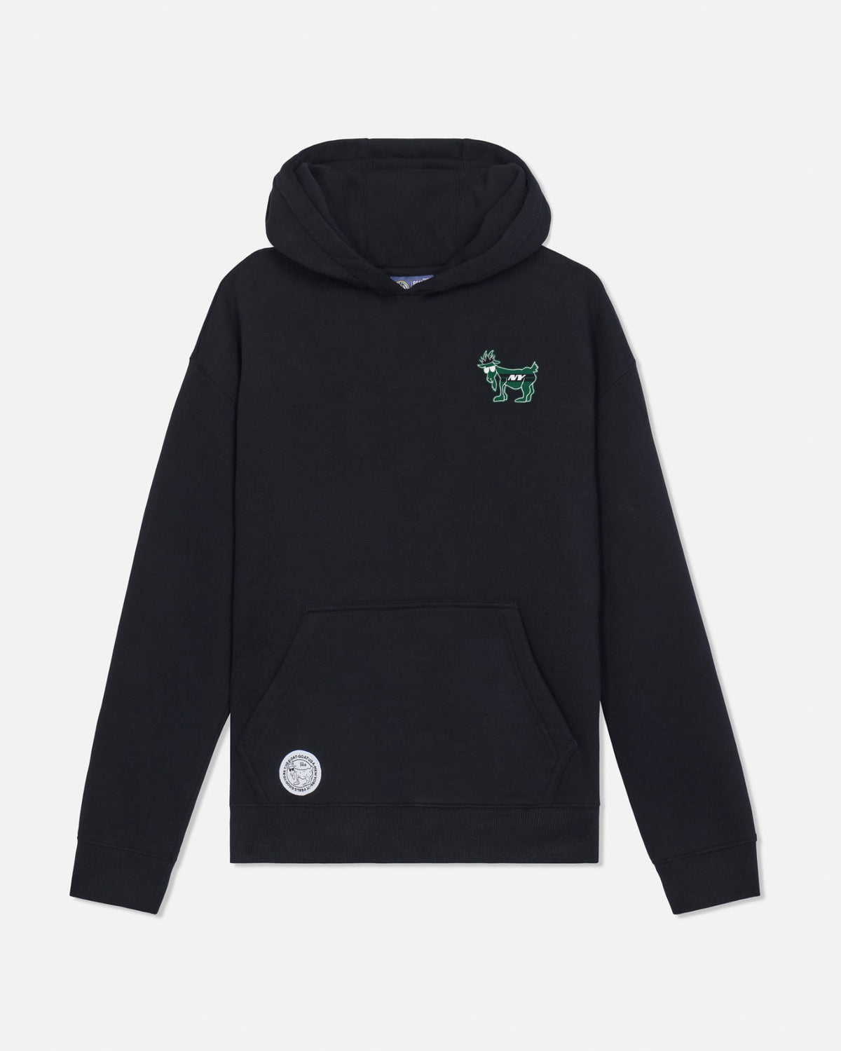 A black pullover hoodie with a small green embroidered dog logo on the left chest and a circular silver patch on the lower left front pocket, shown against a light gray background.