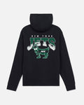A black pullover hoodie shown from the back, featuring a large distressed green and white 'New York Jets' graphic with a cartoon goat mascot on the back.
