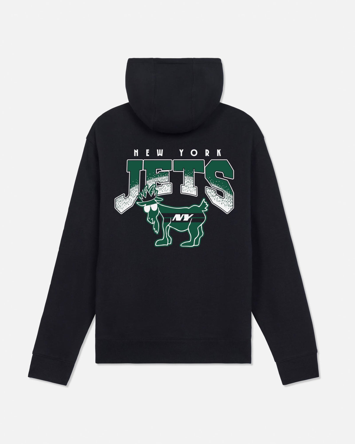 A black pullover hoodie shown from the back, featuring a large distressed green and white 'New York Jets' graphic with a cartoon goat mascot on the back.