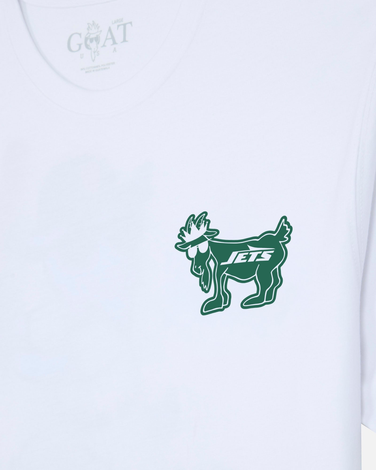 White short-sleeve t-shirt featuring a green outline of a goat mascot with 'JETS' printed on its side, and a faint 'GOAT USA' logo printed inside the collar.