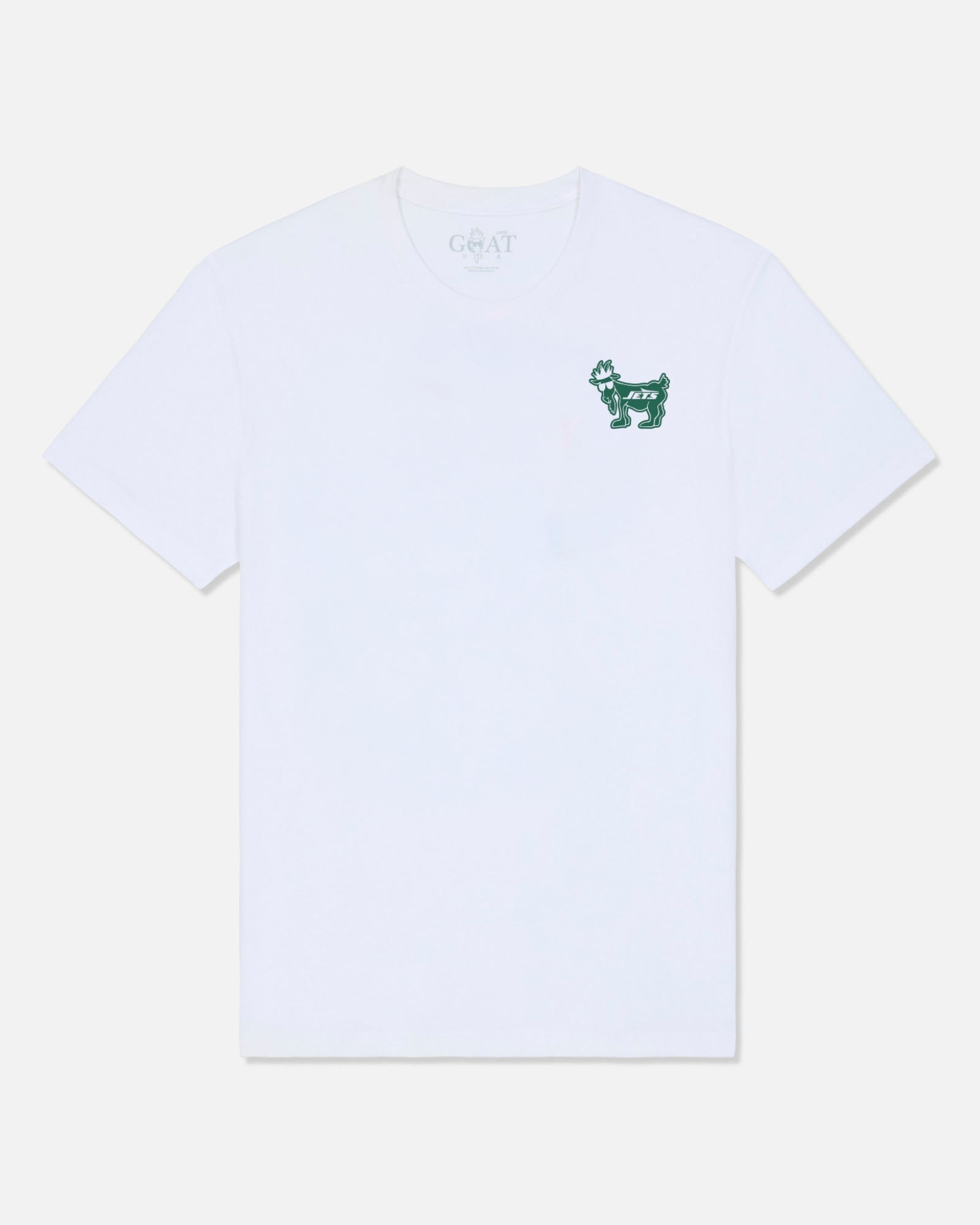 A white short-sleeve crewneck t-shirt with a small green embroidered goat logo on the left chest, displayed flat against a light gray background.