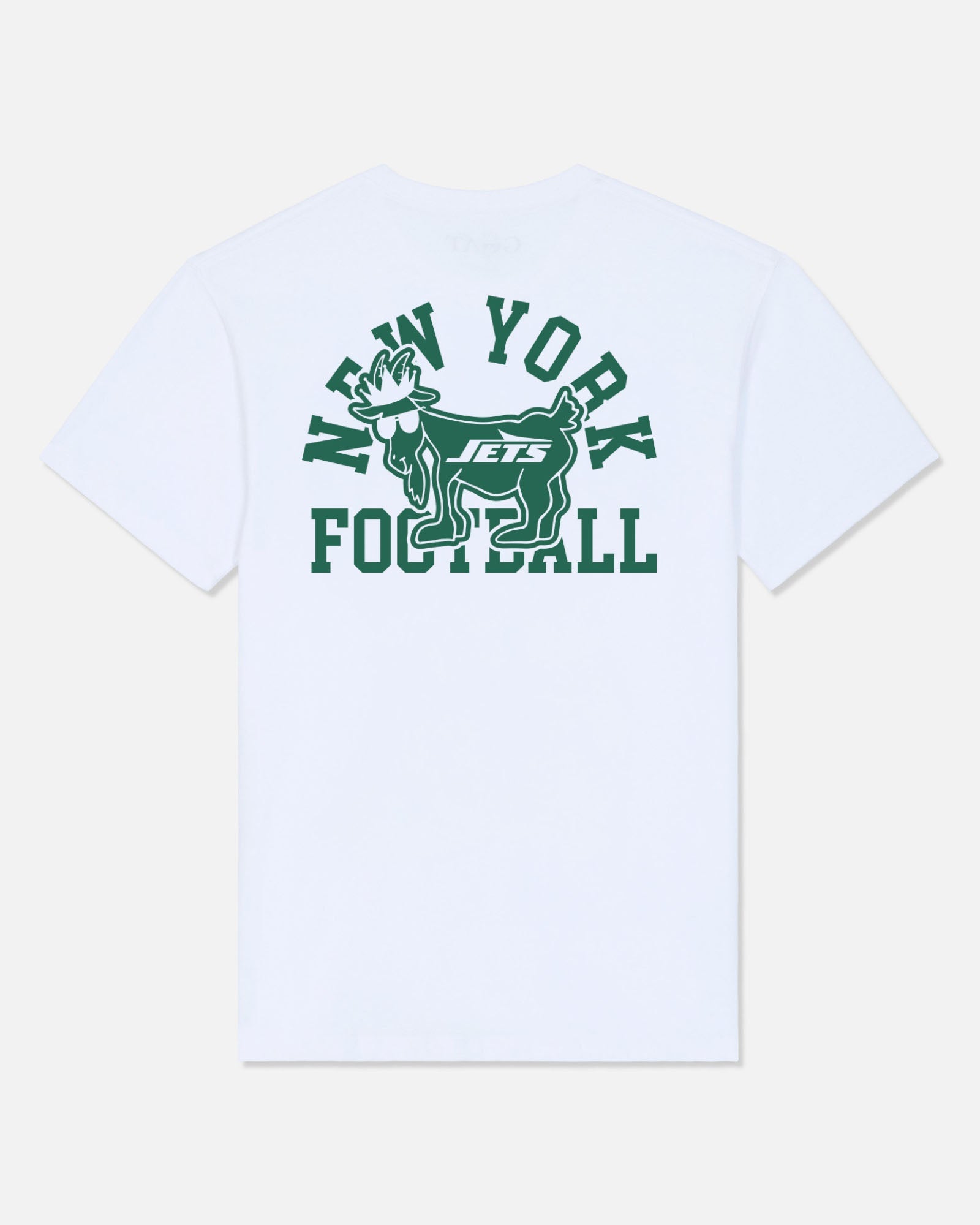 White short-sleeve t-shirt with a green New York Jets Football graphic on the back, displayed against a light gray background.