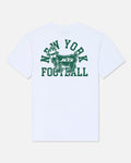 White short-sleeve t-shirt with a green New York Jets Football graphic on the back, displayed against a light gray background.