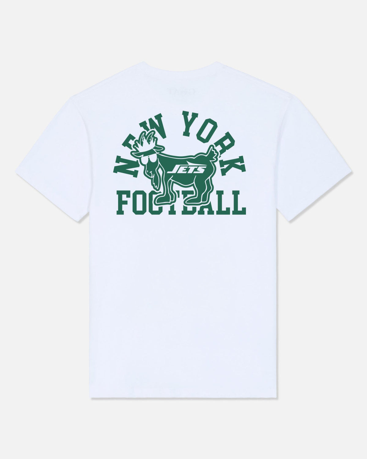 White short-sleeve t-shirt with a green New York Jets Football graphic on the back, displayed against a light gray background.