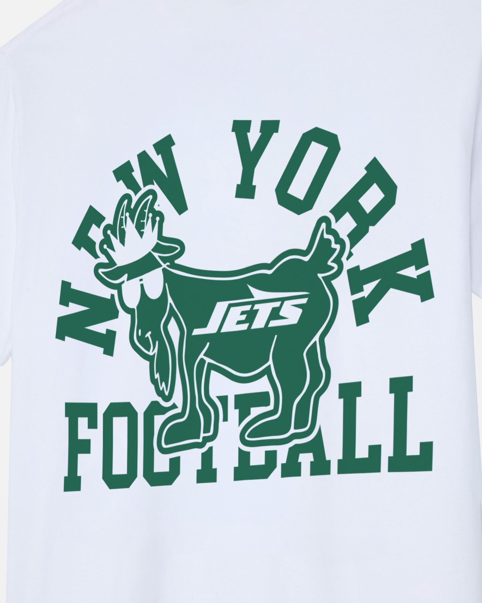 White t-shirt featuring a green collegiate-style graphic with the words 'NEW YORK FOOTBALL' and a goat mascot containing the word 'JETS'.