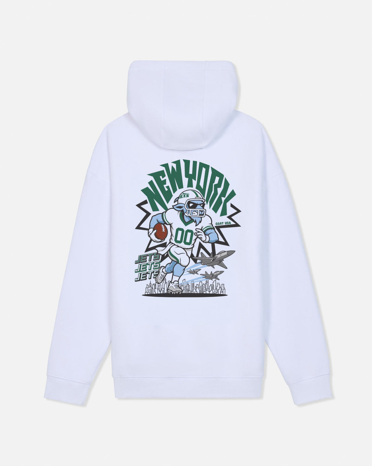 A white pullover hoodie shown from the back, featuring a large graphic print of a cartoon football player and the text 'NEW YORK JETS' in green and black.