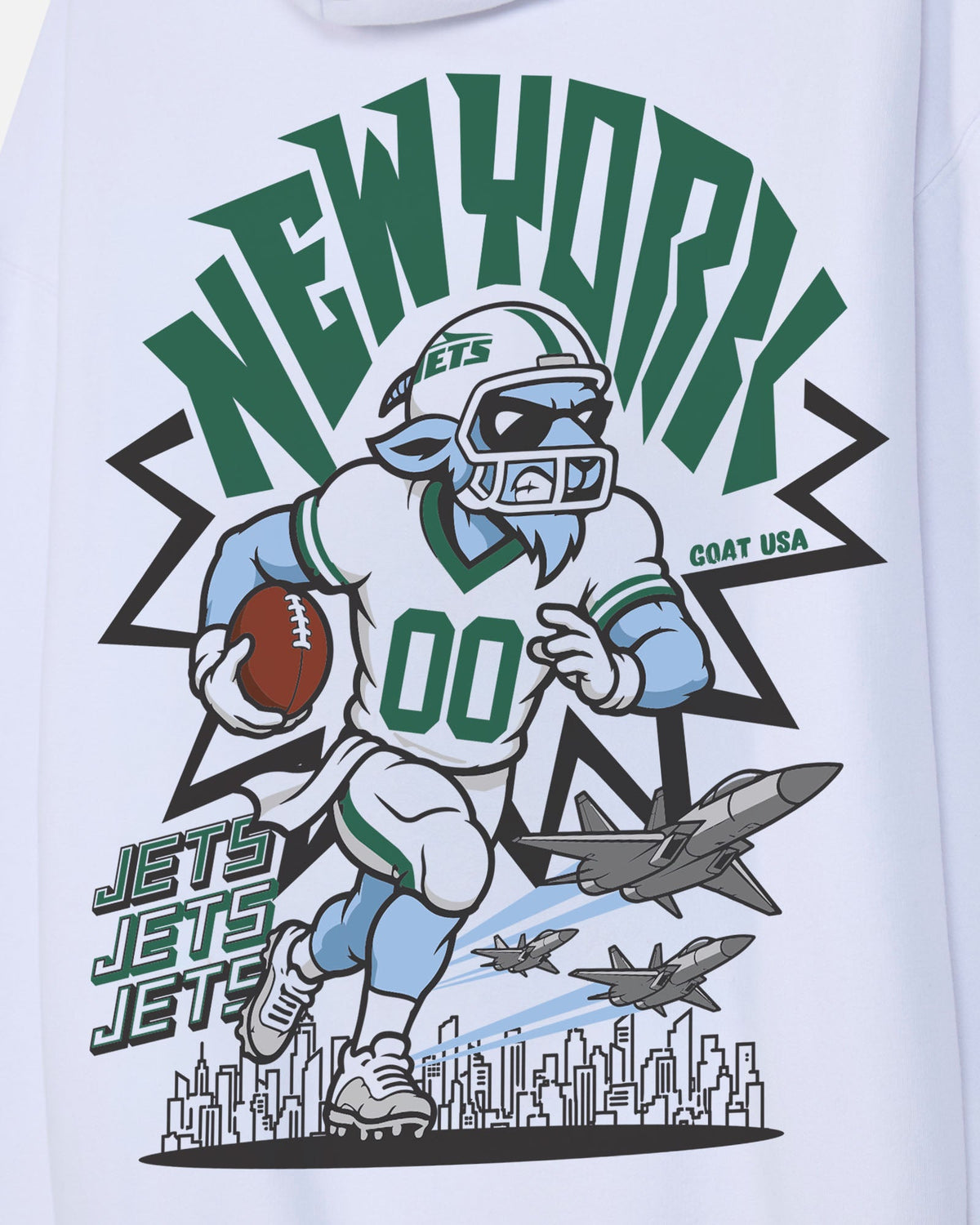 White sleeveless top featuring a large graphic print of a New York Jets football player running with a football, with 'NEW YORK' in bold green letters above, jets below, and 'JETS JETS JETS' on the left.