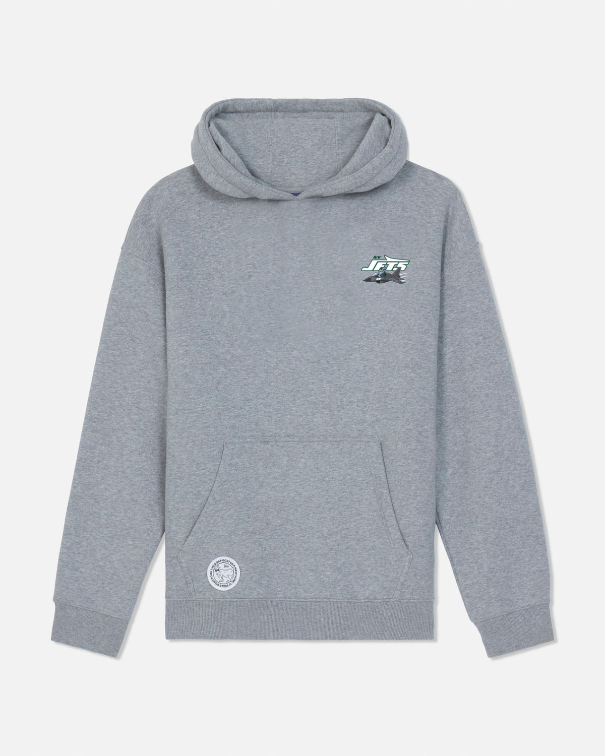 A heather gray pullover hoodie with a small green and white graphic on the left chest and a circular white graphic on the lower left front pocket, displayed on a light gray background.