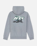 A heather gray pullover hoodie shown from the back, featuring a large graphic print of a fighter jet and the text 'NY JETS' in green, white, and gray.