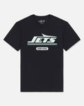 A black short-sleeve t-shirt with a New York Jets graphic on the chest, featuring the team logo in white and green with 'GOAT-USA' printed below it. The inner collar shows the brand name 'GOAT'.