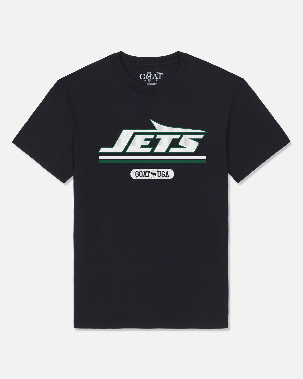 A black short-sleeve t-shirt with a New York Jets graphic on the chest, featuring the team logo in white and green with 'GOAT-USA' printed below it. The inner collar shows the brand name 'GOAT'.