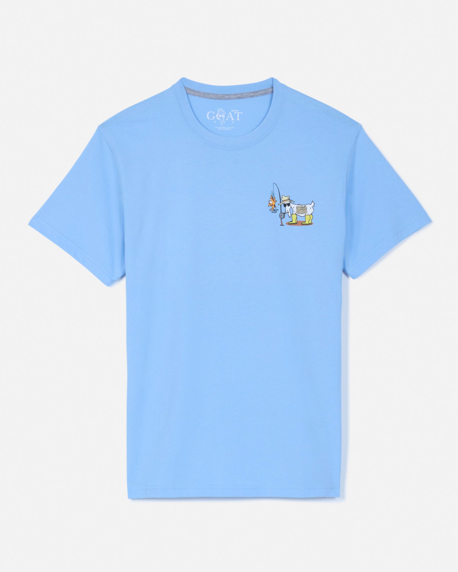 Front of carolina blue t-shirt with Fisherman GOAT left-chest logo