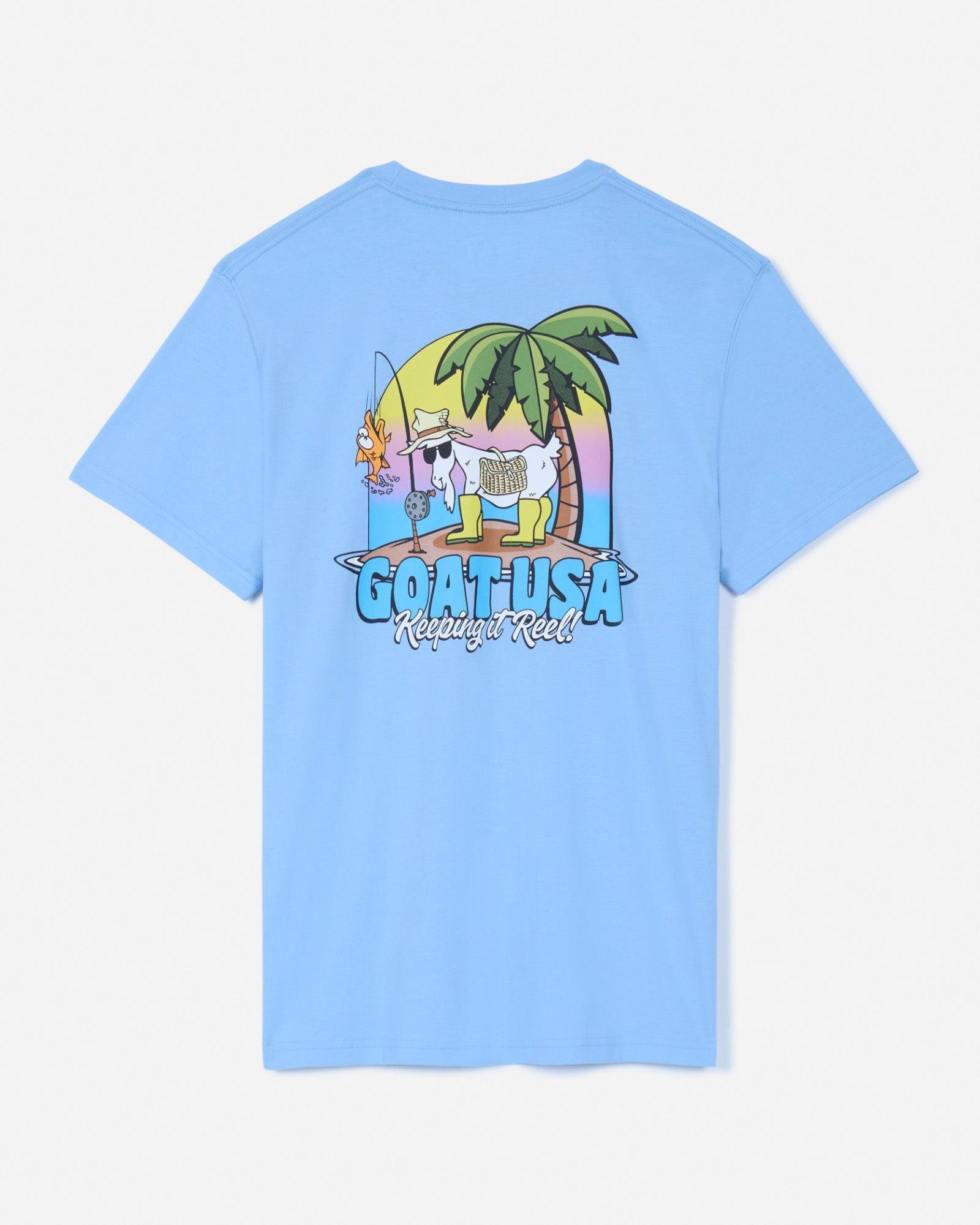 Back of carolina blue t-shirt with Fisherman GOAT graphic