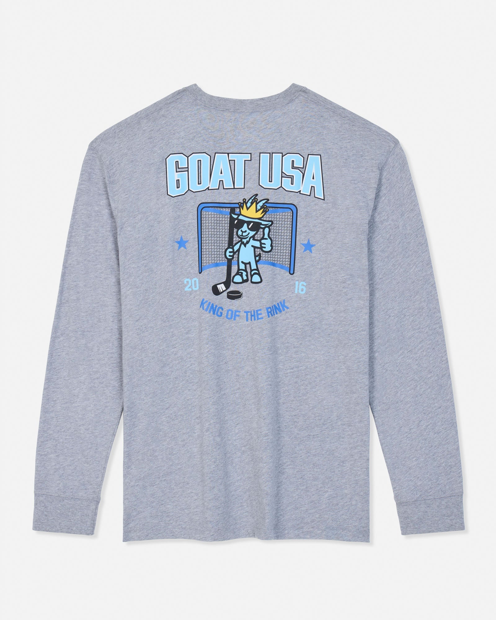 A heather gray long-sleeve t-shirt with a blue and white graphic on the front featuring a cartoon goat mascot in front of a hockey goal, with the text 'GOAT USA' and 'KING OF THE RINK'.
