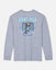 A heather gray long-sleeve t-shirt with a blue and white graphic on the front featuring a cartoon goat mascot in front of a hockey goal, with the text 'GOAT USA' and 'KING OF THE RINK'.
