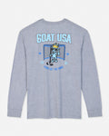 A heather gray long-sleeve t-shirt with a blue and white graphic on the front featuring a cartoon goat mascot in front of a hockey goal, with the text 'GOAT USA' and 'KING OF THE RINK'.